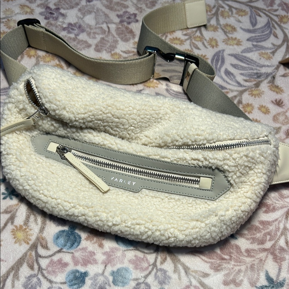 Varley Cream Sherpa Waist Bag with Silver Zipper